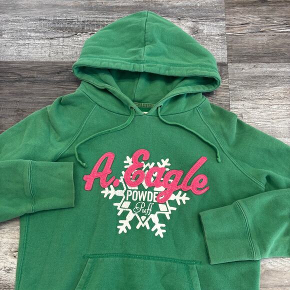 Vintage Y2k American Eagle Green Women M Spellout Logo Fleece Sweatshirt Hoodie - Picture 1 of 7